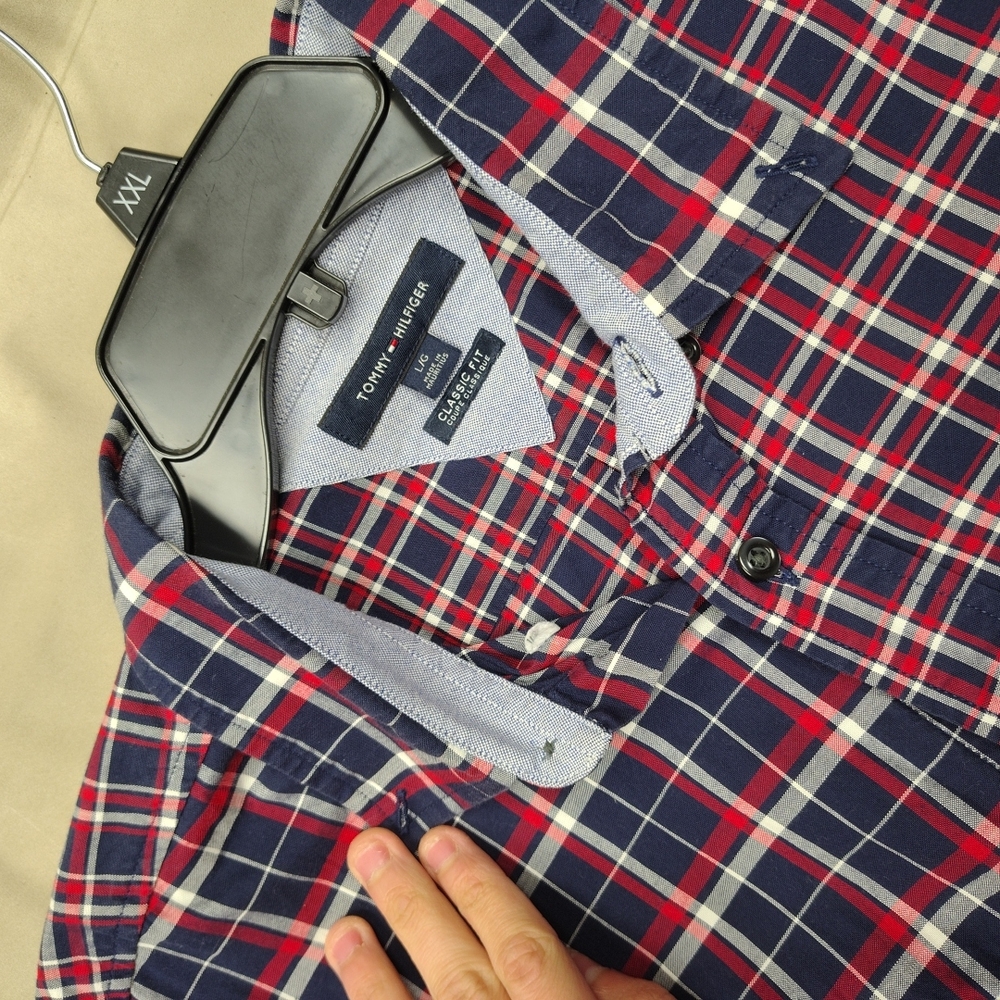 Tommy Hilfiger Men's Red and Blue Plaid Shirt
